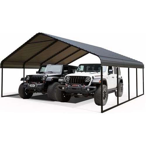 Poborin 20x20 ft Metal Carport for Outdoor Garages Steel Heavy Duty Portable Garage with Large Tall Carports Canopy for Snow, Car Ports with Galvanized Steel Roof & Frame - Grey Poborin