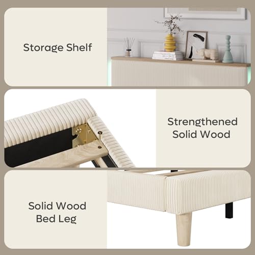 Bestier Queen Bed Frame with Adjustable Headboard & LED Lighting, Corduroy Upholstered Platform Bed Frame with Storage Shelf, Solid Wood Slats, No Box Spring Needed, Never Squeak, Easy Assembly, Beige Bestier