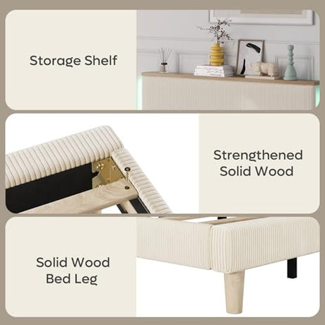 Bestier Queen Bed Frame with Adjustable Headboard & LED Lighting, Corduroy Upholstered Platform Bed Frame with Storage Shelf, Solid Wood Slats, No Box Spring Needed, Never Squeak, Easy Assembly, Beige Bestier