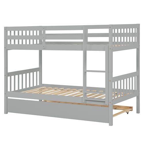 PVWIIK Twin Over Twin Rubber Wood Bunk Bed with Trundle for Kids,Boy,Girl Bedroom, Convertible into Twin Size Beds, Twin Size Bunk Bed with Ladder and Safety Guardrails,Grey PVWIIK