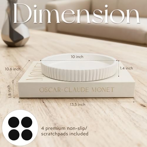 Decorative Concrete Tray & Book Set - Modern Scalloped Home Decor Tray & Linen Storage Box for Coffee Table, Bookshelf, Entryway, Console, Living Room, Housewarming Gift (White) Burutta