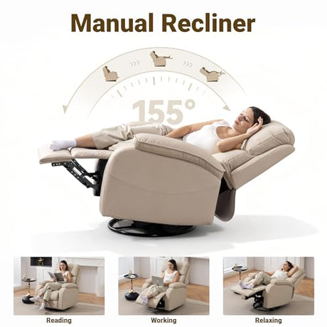 Culect 360° Swivel Rocking Recliner Chair, Massage Lazy Boy Recliner, Small Spaces Recliner for Living Room, Bedroom and Nursery, Beige Leather Culect