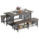 DWVO 3-Piece Dining Table Set for 4-6 People with 2 Benches, 63" Dining Room Table, Industrial Rectangular Dining Room Table Set with Storage for Kitchen, Dining Room, Grey DWVO