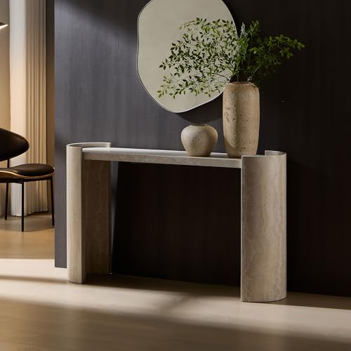 WILLIAMSPACE 53.13" Curved Console Table with Faux Mars Marble Pattern, Modern Wooden Hallway Table Narrow Entryway Table Accent Sofa Table for Living Room, Foyer, Corridor, Beige WILLIAMSPACE