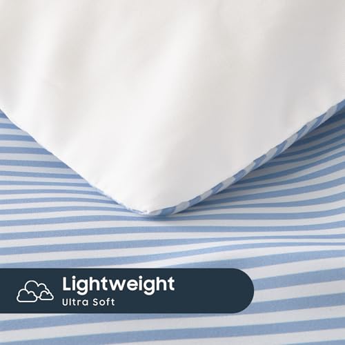 Wake In Cloud - Striped Comforter Set, Ticking Stripe Vertical Pinstripe Neutral Farmhouse Pattern Printed, Soft Lightweight Bedding, 3 Pieces, Blue White, Full Size Wake In Cloud