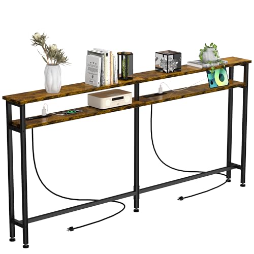 Keelian 78 Inch Double-Layer Narrow Console Sofa Table with 2 Power Outlets&4 AC Plugs&4 USB Ports, 4.9' Extension Cord Included, Behind Couch Table for Living Room/office Easy Assembly - Rustic Brown Keelian