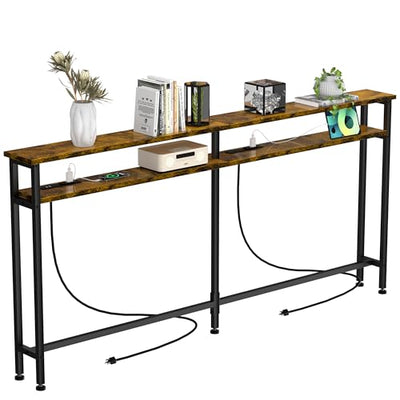 Keelian 78 Inch Double-Layer Narrow Console Sofa Table with 2 Power Outlets&4 AC Plugs&4 USB Ports, 4.9' Extension Cord Included, Behind Couch Table for Living Room/office Easy Assembly - Rustic Brown