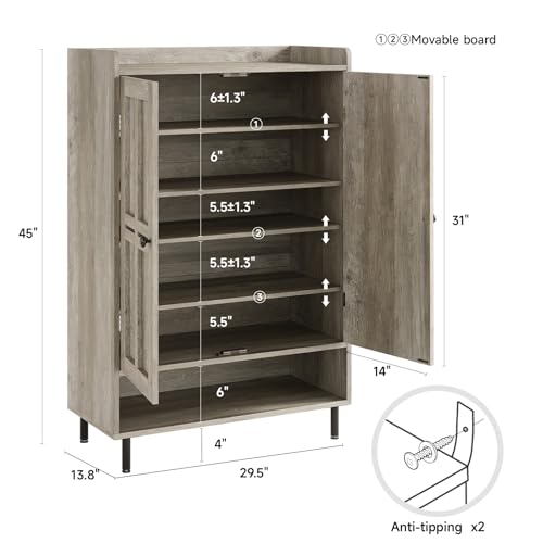 ComfyCorner Grey 7+1 Tier Farmhouse Shoe Storage Cabinet - 45" Tall Entryway Organizer with Cross Molding Doors, 3 Adjustable Shelves & Metal Legs, Shoe Rack for Front Door Entrance ComfyCorner