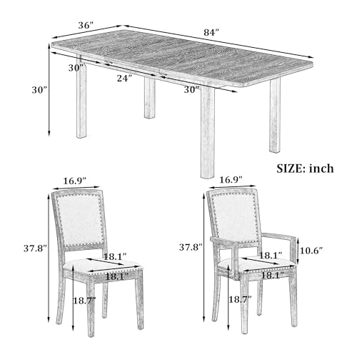 Merax 9 Pieces Dining Table Set, Rustic Extendable 84inch Dining Table Set with 24inch Removable Leaf, 6 Upholstered Armless Dining Chairs and 2 Padded Arm Chairs, Black+Gray Cushion Merax