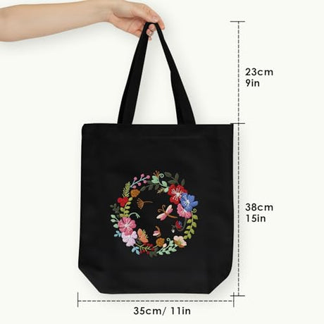 ERKOON Canvas Tote Bag Embroidery Kit for Beginners, Floral Arts Crafts Cross Stitch Kits for Adults Including Stamped Embroidery Bag with Hoops, Needle, Instruction and Color Threads(Wreath) ERKOON