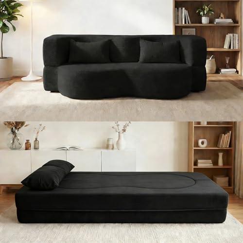 LIANGFU 78 Inch 2-in-1 Convertible Sofa,Futon Folding Sofa Bed,Pull Out Sofa Bed Boneless Couch with 2 Pilow,oveseat Sleeper Floor Sofa for Bedroom Living Room Office, Apartment(Teddy, Black) LIANGFU