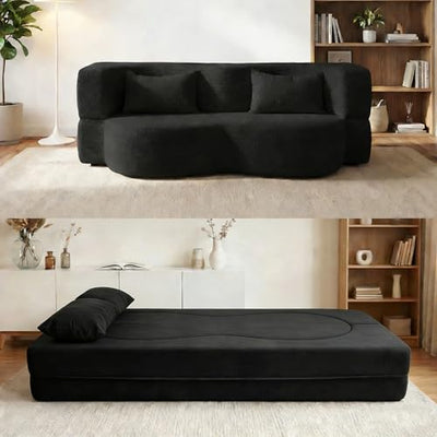 LIANGFU 78 Inch 2-in-1 Convertible Sofa,Futon Folding Sofa Bed,Pull Out Sofa Bed Boneless Couch with 2 Pilow,oveseat Sleeper Floor Sofa for Bedroom Living Room Office, Apartment(Teddy, Black)