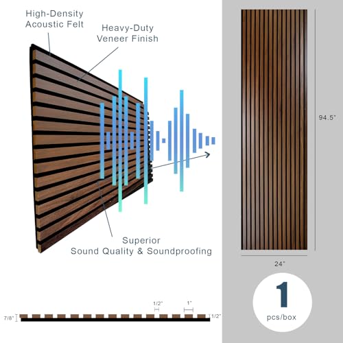 Generic 94"" L x 24"" W Acoustic Wood Wall Paneling, Decorative Sound Proof Panels for Walls and Ceilings, 3D Slat Wood Wall Panels (Set of 10) (Dark Chestnut), ACP10 WoodArtSupply