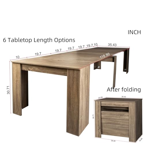 KEIKI 20"-118.5" L Extendable Foldable Dining Room Table for 1-10 People, Wood Multifunctional Rectangle Expandable Console Kitchen Living Meeting Room Furniture, 6 Tabletop Length Options, Barnwood KEIKI