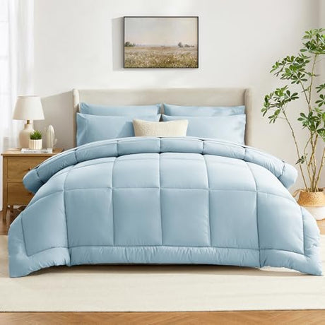 CozyLux Full Size Comforter Sets Light Blue, 7 Pieces Bed in a Bag, Blue Comforter Full Size, All Season Bedding Sets with Stitch Quilted Comforter, Flat Sheet, Fitted Sheet, Pillowcases CozyLux