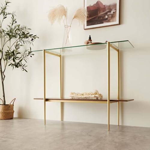 LumFurn Glass Console Table for Living Room, Foyer & Entrance, 2-Tiers Mid-Century Modern Sofa Table with Clear Glass Top, Walnut Finish Wood Top and Gold Finish Metal Frame LumFurn
