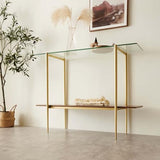 LumFurn Glass Console Table for Living Room, Foyer & Entrance, 2-Tiers Mid-Century Modern Sofa Table with Clear Glass Top, Walnut Finish Wood Top and Gold Finish Metal Frame LumFurn