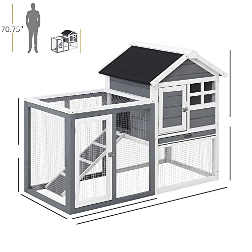 PawHut 48" Wooden Rabbit Hutch Bunny Cage with Waterproof Asphalt Roof, Fun Outdoor Run, Removable Tray and Ramp, Grey - WoodArtSupply