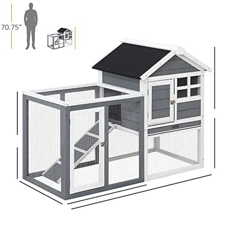 PawHut 48" Wooden Rabbit Hutch Bunny Cage with Waterproof Asphalt Roof, Fun Outdoor Run, Removable Tray and Ramp, Grey PawHut