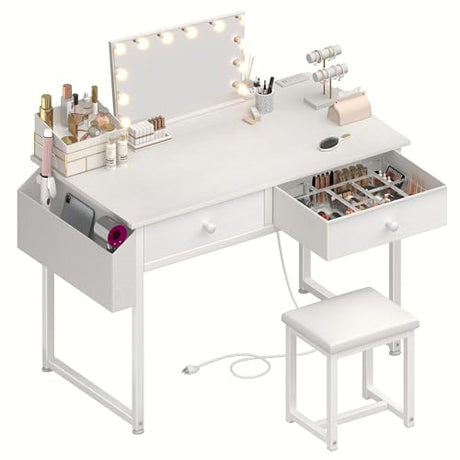 KAI-ROAD White Makeup Vanity Desk with Chair no Mirror, Small Vanity Table with Fabric Drawers, Power Outlet & Stool Without Mirror, Modern Make Up Desk Set for Bedroom KAI-ROAD