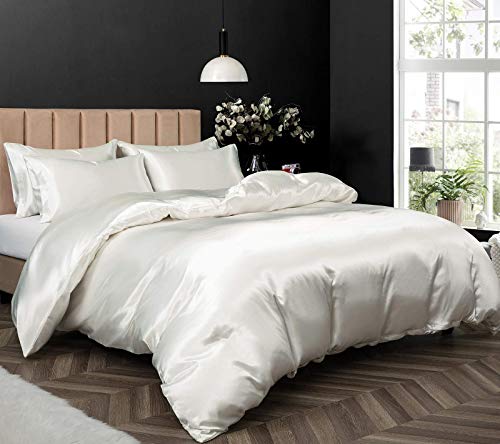 P Pothuiny 5 Pieces Satin Duvet Cover Full/Queen Size Set, Luxury Silky Like Ivory White Duvet Cover Bedding Set with Zipper Closure, 1 Duvet Cover + 4 Pillow Cases (No Comforter) P Pothuiny