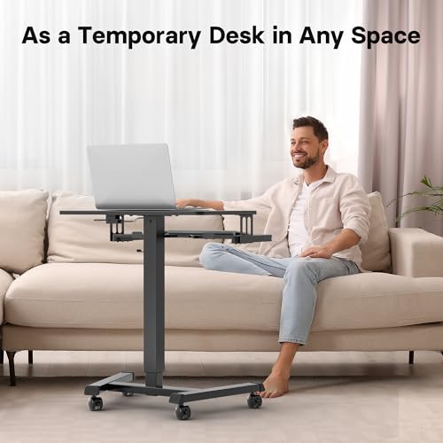 BONTEC Mobile Standing Desk with Keyboard Tray, Mobile Podium, Rolling Laptop Sit Stand Desk on Wheels, Adjustable Height Desk Up to 33lbs, Portable Computer Workstation Cart for Living Room, Office BONTEC