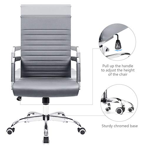 KaiMeng Ribbed Office Desk Mid Back Computer Chair Height Adjustable Conference Executive Task Swivel PU Leather (Grey)