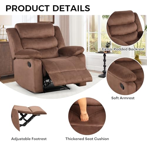 CANMOV Manual Recliner Chair for Adults, Upholstered Fabric Sofa Chair with Overstuffed Arms and Back, Manual Single Sofa for Living Room & Bedroom, Brown