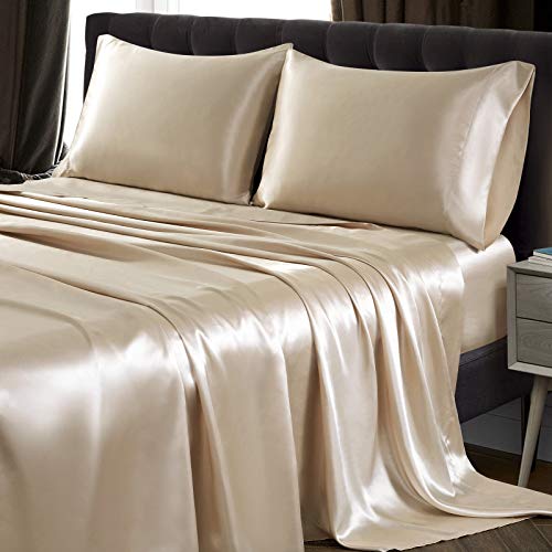 SiinvdaBZX 4Pcs Satin Sheet Set King Size Ultra Silky Soft Beige Satin King Bed Sheets with Deep Pocket, 1 Fitted Sheet, 1 Flat Sheet, 2 Envelope Closure Pillowcases SiinvdaBZX