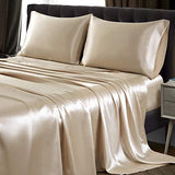 SiinvdaBZX 4Pcs Satin Sheet Set King Size Ultra Silky Soft Beige Satin King Bed Sheets with Deep Pocket, 1 Fitted Sheet, 1 Flat Sheet, 2 Envelope Closure Pillowcases SiinvdaBZX