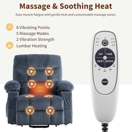 PoteSoar Power Lift Recliner Chair for Elderly with Massage and Heat, Comfortable Electric Power Reclining Chair with Side Pockets,2 Cup Holders and USB Charging Port for Living Room (Blue) PoteSoar