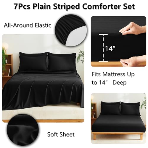 CozyLux King Size Comforter Set Black - 7 Pieces Striped Seersucker Bed in a Bag, Soft Lightweight Boho Bedding Set with All Season Comforters King Size, Sheets, Pillowcases & Shams CozyLux