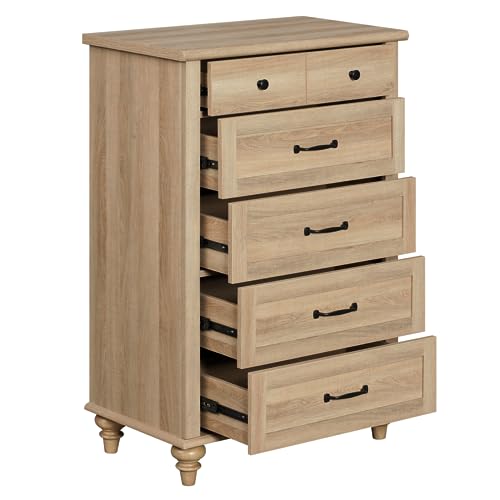 WAMPAT Small Dresser with 5 Drawers and Solid Wood Legs