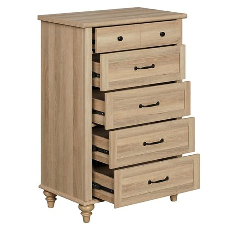 WAMPAT Small Dresser for Bedroom with 5 Drawers & Solid Wood Legs, Mid Century Modern Chest of Drawers Vertical Dresser Storage Organizer, Farmhouse WAMPAT