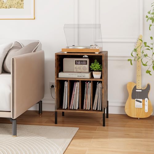 Giantex Record Player Stand with Charging Station, Turntable Stand with Storage Cabinet, Record Player Shelf with Metal Legs, Vinyl Record Storage up to 150 Albums for Living Room (Rustic Brown) Giantex