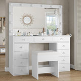 Yanosaku Vanity Desk & Power Outl, Makeup Vanity with Mirror and 12 LED Lights, Makeup Table with 11 Drawers, Vanity Table with Chair,Set 3 Lighting Modes Brightness Adjustable-(White) Yanosaku
