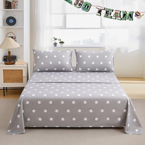 Chezmoi Collection 4-Piece Kids/Teens Sports Sheet Set - Soft Microfiber Gray White Baseball, Queen Size Chezmoi Collection