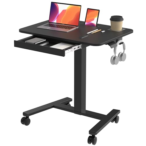 Monomi Mobile Standing Desk with Drawer, 28" Rolling Desk with Cup Holder and Hooks, Portable Laptop Cart on Wheels, Height Adjustable Workstation with Storage for Home Office, Black Monomi