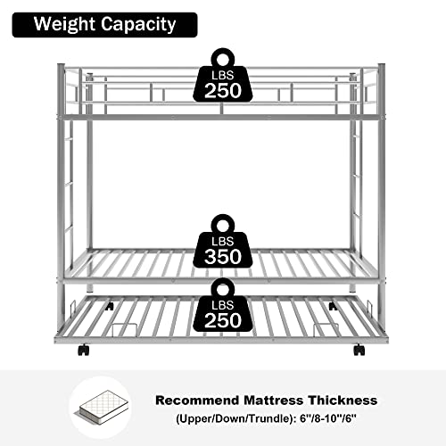 Merax Metal Bunk Bed Twin Over Twin Triple Bunk Bed with Twin Size Trundle, Grey Silver 642 Merax