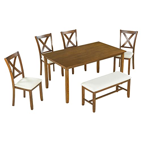 Dinehome 6-Piece Wooden Rectangular Dining Table Set with Bench and 4 Upholstered Chairs for Kitchen Living Room, Farmhouse Rustic Style, Natural Cherry, 60''L x 36''W x 30''H - WoodArtSupply