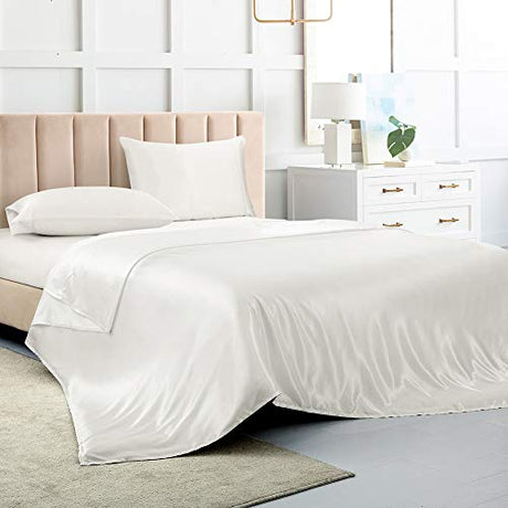 Satin Bed Sheets Full Size Sheet Sets, White Silk Sheets, 4 - Pieces Soft Bedding Set with 1 Deep Pocket Fitted Sheet,1 Flat Sheet,2 Pillowcase Luxbedding