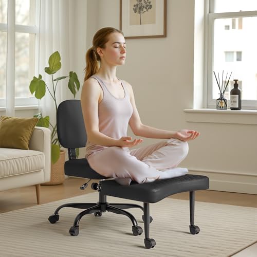 Furmax Ergonomic Criss Cross Legged Office Chair with Wheels, 360°Swivel Adjustable Height Kneeling Desk Chair with Footrest for ADHD, Yoga, Meditation, Home Office (Leather, Black) Furmax