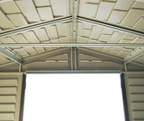 Duramax Woodbridge Plus 10.5 x 8 (8.02 m2) Plastic Garden Shed with 1 Fixed Window & Metal Foundation Kit, Strong Metal Roof Structure Fire Retardant and Maintenance-Free Storage Shed - Ivory/Brown DURAMAX