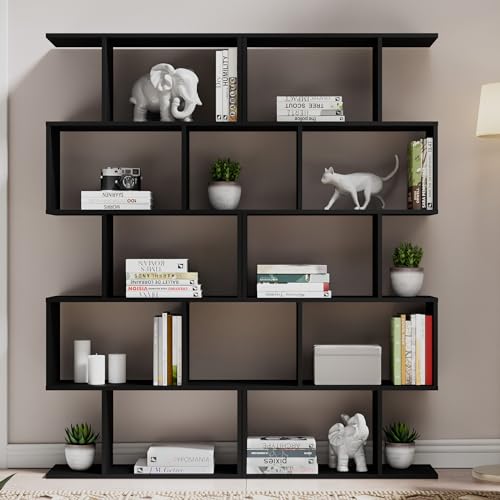 S-Shaped Black Geometric 5-Tier Bookcase – Modern Room Divider & Organiser - WoodArtSupply