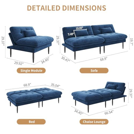 NEDYO 70 inch Convertible Futon Sofa Bed, Velvet Sleeper Sofa with Adjustable Backrest, Thick Fill and Convertible Modules, 4 in 1 Loveseat Couch for Living Room, Blue NEDYO