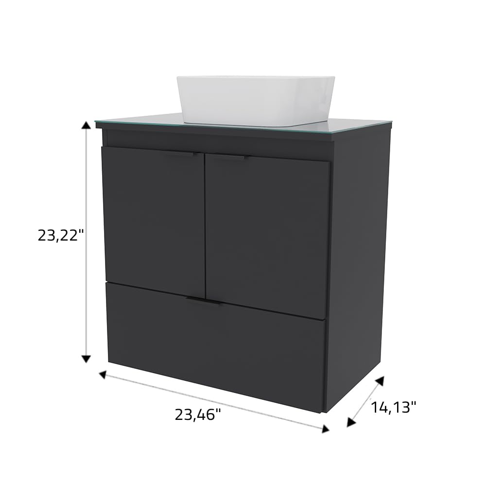 COZIMAX Cabinet and Sink Soul 24" Floating Bathroom Vanity with White Ceramic Sink, Tempered Glass Countertop, Soft Close Doors, 1 Drawer, Wall Mount (Black) COZIMAX
