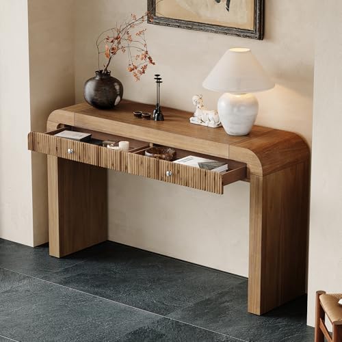 BSYEIO 54.3" Curved Console Table with Fluted Drawer, Rustic Entryway Table and Thick Legs, Sturdy Sofa Table for Hallway & Living Room Wood (Natural) BSYEIO