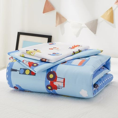 PINNKKU 4-Piece Toddler Bedding Set, Includes 1 Flat Sheet, 1 Fitted Sheet, 1 Comforter and 1 Reversible Pillowcase, Standard Toddler Comforter & Sheet Set, Ultra Soft Toddler Bed Set, Cars & Road PINNKKU