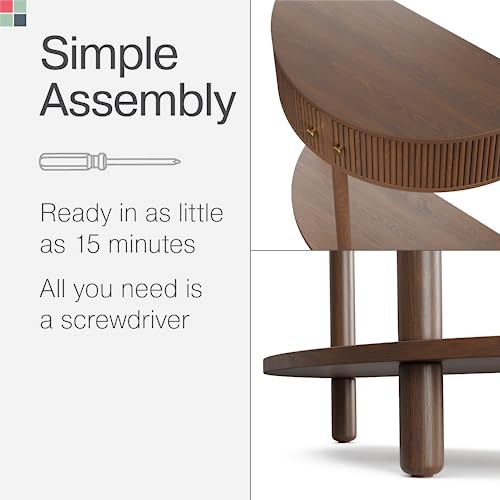 Stead Fluted Half Moon Shaped Console Table - Small Entry Desk - Living Room Furniture - Modern Home Decor - Solid Wood Entryway Table with Two Doors and Brass Knobs (Walnut) Stead