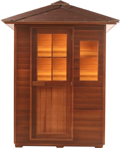 Canadian Red Cedar 2 to 3 Person Traditional Steam Outdoor Sauna SPA, Waterproof Shingled Roof, 6KW Heater Upgrade, LED Lights. - WoodArtSupply